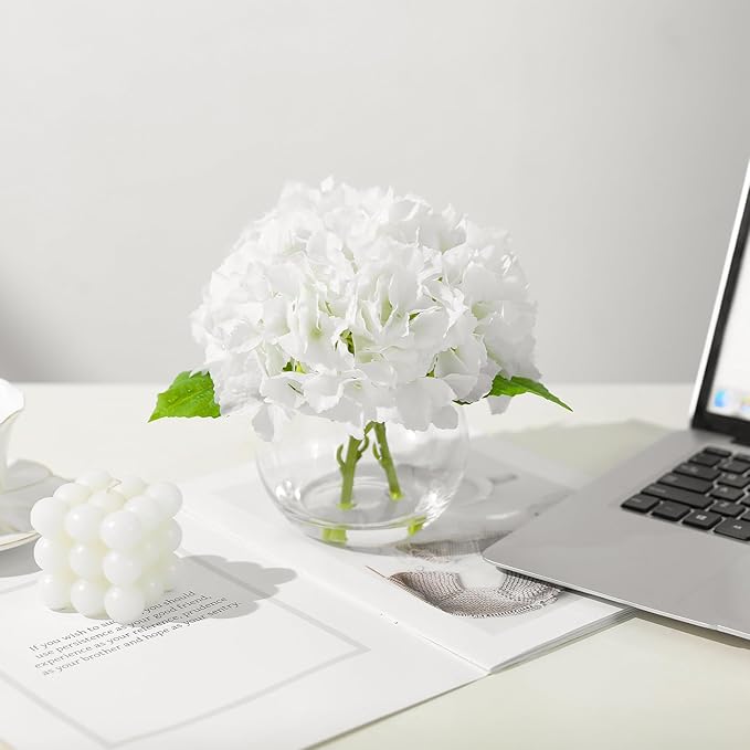 White Hydrangea Artificial Flower with Vase Fake Flower in Glass Vase with Faux Water for Home Bathroom Office Table Centerpiece Shelf Decorations Flowers
