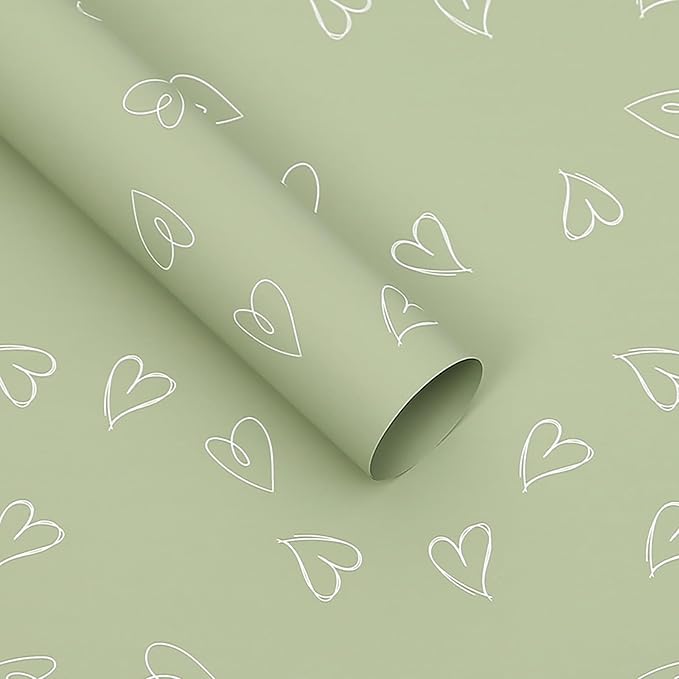 MLSG 20 Sheet Solid Color Heart Wrapping Paper - Waterproof Floral Bouquet Wrapping Paper, Florist Supplies Packaging Paper for Wedding Birthday Gift Wrap Paper (Matcha Color)