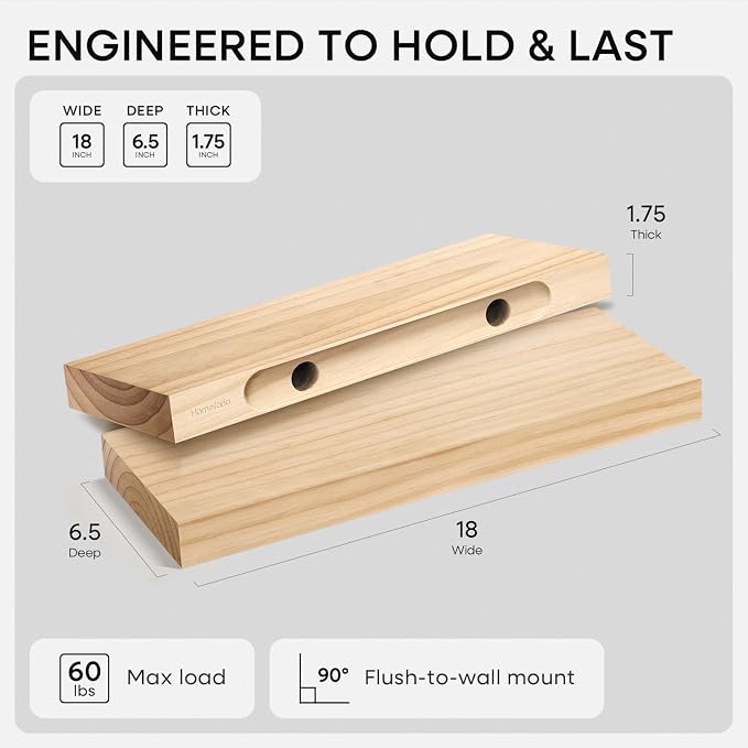 Homeforia 18 inch Natural Floating Shelf, High End Solid Real Wood 18inch Small Floating Shelves for Wall Mounted, Natural Wooden Floating Shelves, Heavy Duty Bracket, 18 X 6.5 X 1.75 in, Set of 3