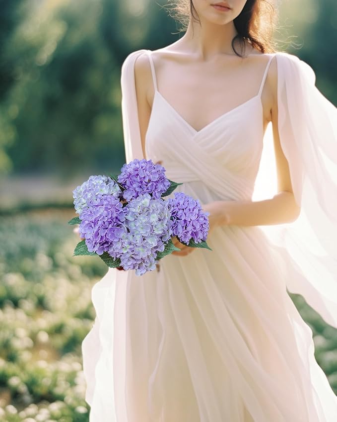6PCS Premium Purple Hydrangea Artificial Flowers Bouquets, Light Purple Silk Hydrangea Flowers Heads with Stems, Fake Hydrangeas Flowers Arrangement, Faux Hydrangea Decor for Home Wedding Party Table