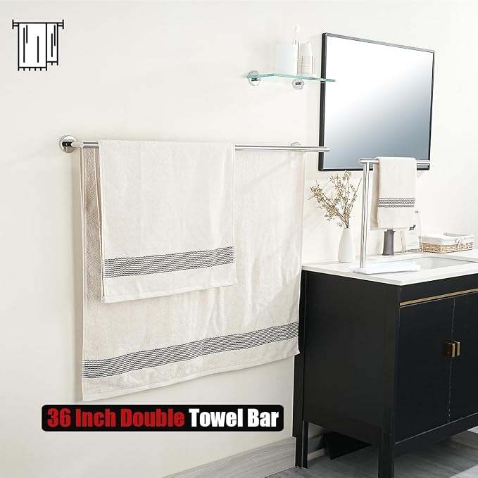 JQK Double Bath Towel Bar, 39 Inch 304 Stainless Steel Thicken 1mm Towel Rack for Bathroom, Bath Towel Holder Polished Chrome Wall Mount, Useable Length 36 Inch, TB100L36-CH