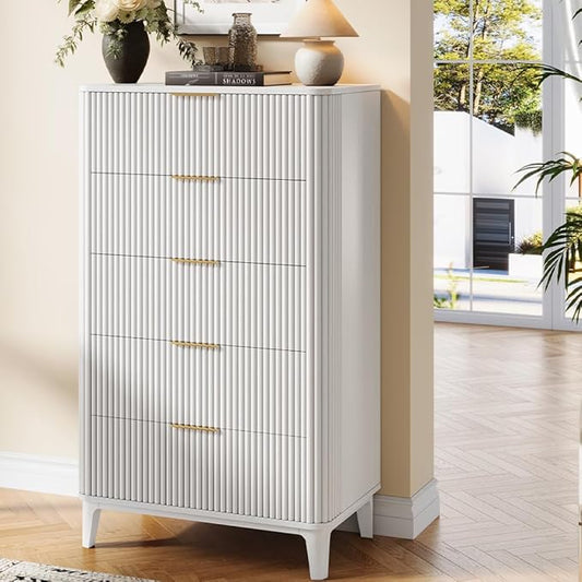Fluted 5 Drawers Dresser for Bedroom, 45" Modern Tall Chest of Drawers with Wood Grain, Farmhouse Wooden Vertical Dresser, Curved Profile Design, Wood Drawer Organizer for Closet, Hallway White