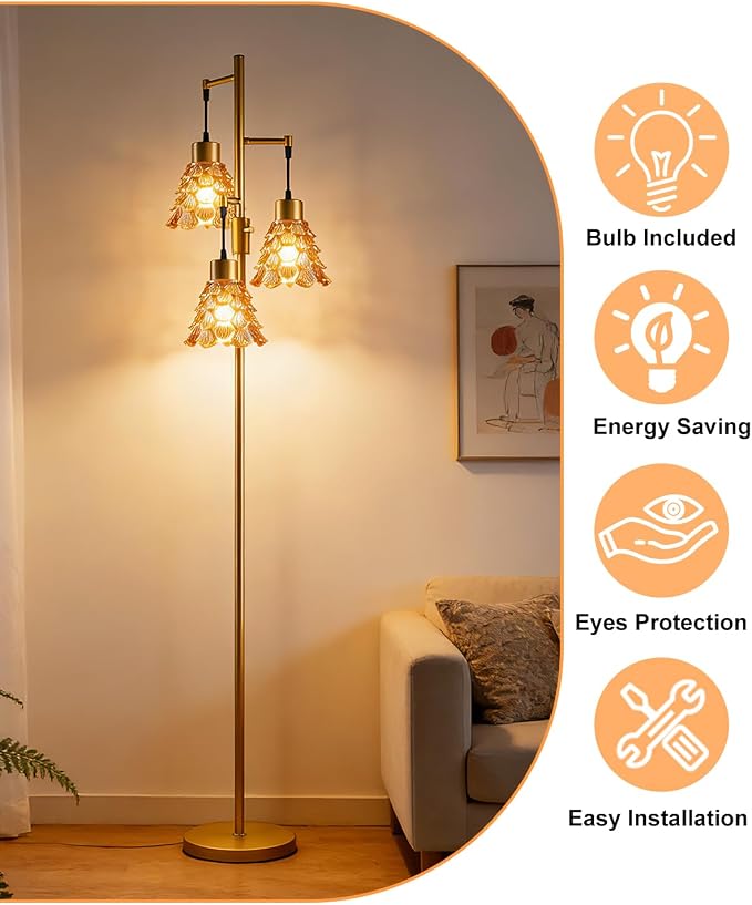 Lightdot 67" Glass Floor Lamps for Living Room, 3-Light Dimmable Floor Lamp with Amber Glass Shade& Bulbs Included, Mid Century Standing Tall Lamp with 5Lbs Heavy Base for Bedroom/Sofa Beside-Gold