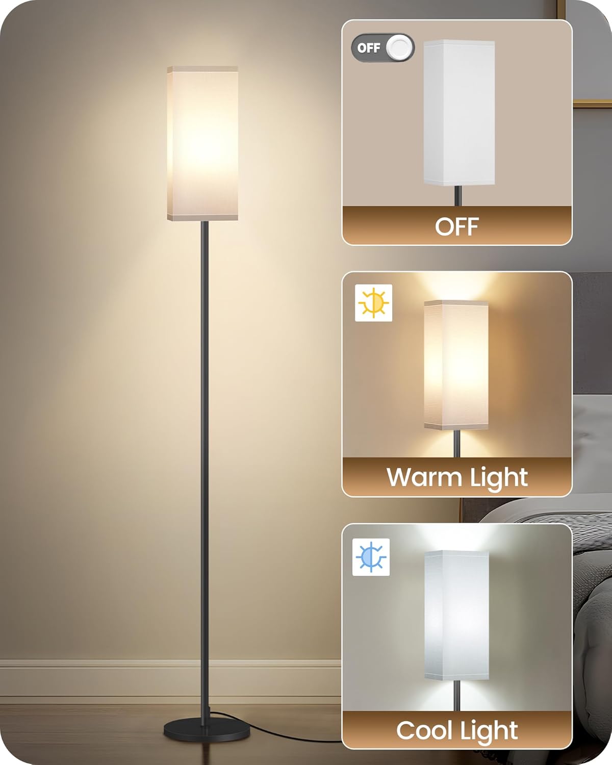 Skiennix Modern Floor Lamp - Minimalist Standing Lamp with Foot Switch | Black & White Design for Living Room, Bedroom, Office