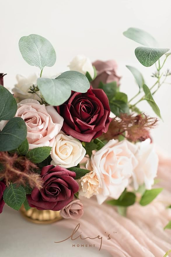 Ling's moment Wedding Centerpiece Flower with Vase for Ceremony/Reception Tabletop Mantel Archway Aisle, Set of 2 | Romantic Marsala