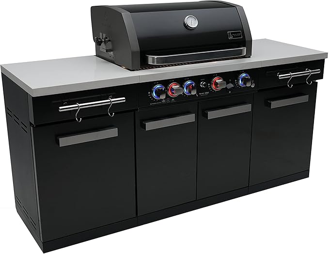 Mont Alpi MA-957 5-Burner 63000 BTU Black Stainless Steel Outdoor Kitchen Bar Gas Island Grill with Infrared Rear Burner + Rotisserie Kit + Granite Countertop + Storage Cabinets & Full Weather Cover