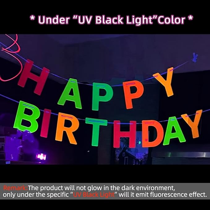 Neon 'Happy Birthday' Banner, UV Glow Party Supplies & Decorations, Neon Color, Letter Print, 118.08 x 8.7 Inches, Birthday Occasion