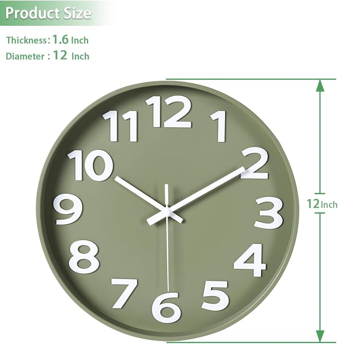45MinST 12 Inch 3D Number Dial Face Modern Indoor Outdoor Clock, Silent Non-Ticking Round Home Decor Wall Clock with Arabic Numerals, Colorful Dial Face (Olive Green)