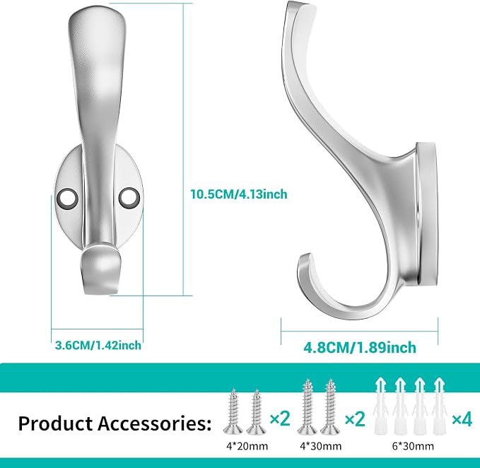 Coat Hooks Heavy Duty - Easy to Install Metal Towel Hooks Fashionable Wall Hooks for Hanging Hat, Towel, Key, Robe, Scarf, Bag, Cap (6 PCS Silver)
