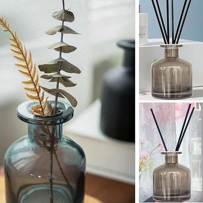 Glass Diffuser Bottles Empty Refillable Glass Container Jar 150ml / 5oz Fragrance Accessories DIY Replacement Diffuser Sticks Sets for Essential Oils Reed Sticks Crafts Spa Home Decoration (Dark Grey)