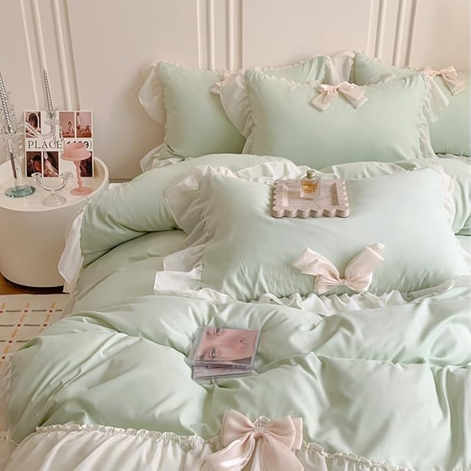 Girls Lace Bedding, Queen Comforter Cover Set, Chic Ruffled Duvet Cover with Lovely Bow,Princess Style 1 Duvet Cover with 2 Pillowcases, No Comforter-Green,Queen Size