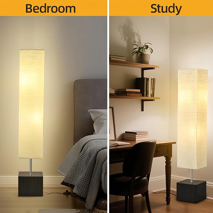 Column Floor Lamp – Natural Wood Base&Rice Paper, Japanese lamp，with Square Base for Living Room,Office, Kids Room, Reading, Home Decor, Off White, 58"