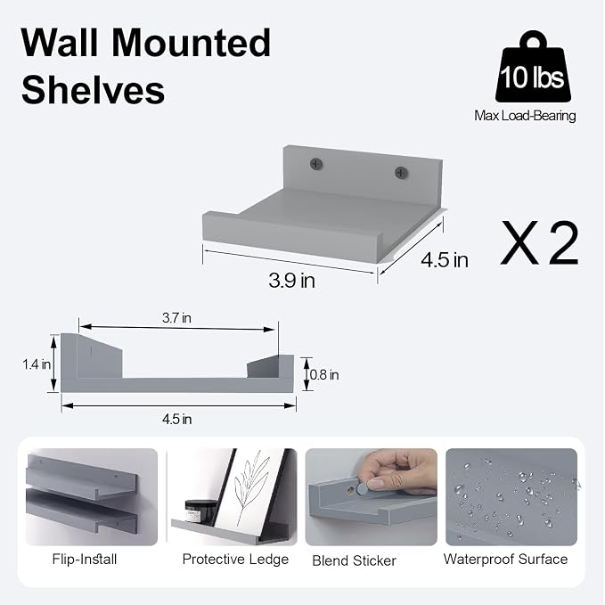 Small Floating Shelves for Wall Decor, Wall Mounted Wood Shelf for Bedroom, Living Room, Bathroom, Kitchen, Nursery, Mini Display Ledge Shelf with Lip Set of 2-4 Inches, Grey