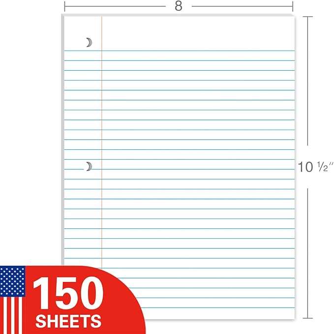 WritePads Loose Leaf Notebook Paper, 8"x10-1/2" Wide Ruled Lined Paper, Bulk Filler Paper, 3 Hole Punched For 3 Ring Binder, 150 Sheets/Pack, 24PK Per Carton, 3600 Sheets, Made In USA