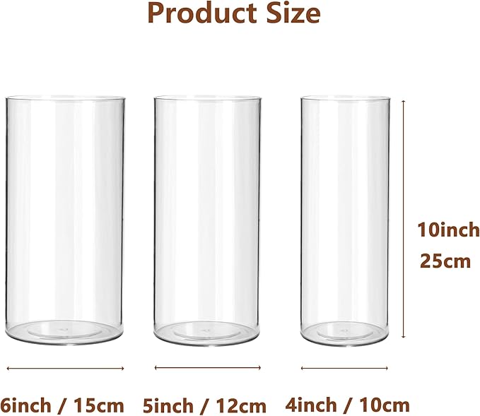 3 Pack Acrylic Cylinder Vases, Non-breakable Vase for Centerpieces, 10 inch Tall Clear Flower Vase Bulk Floating Candle Holder for Wedding Table Home Decor and Party