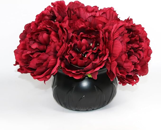 Tinsow Burgundy Artificial Peony Flowers for Halloween Home Decoration, 5 Pcs Red Faux Peonies for Fall Decoration, Silk Flowers Bouquet (5, Maroon)