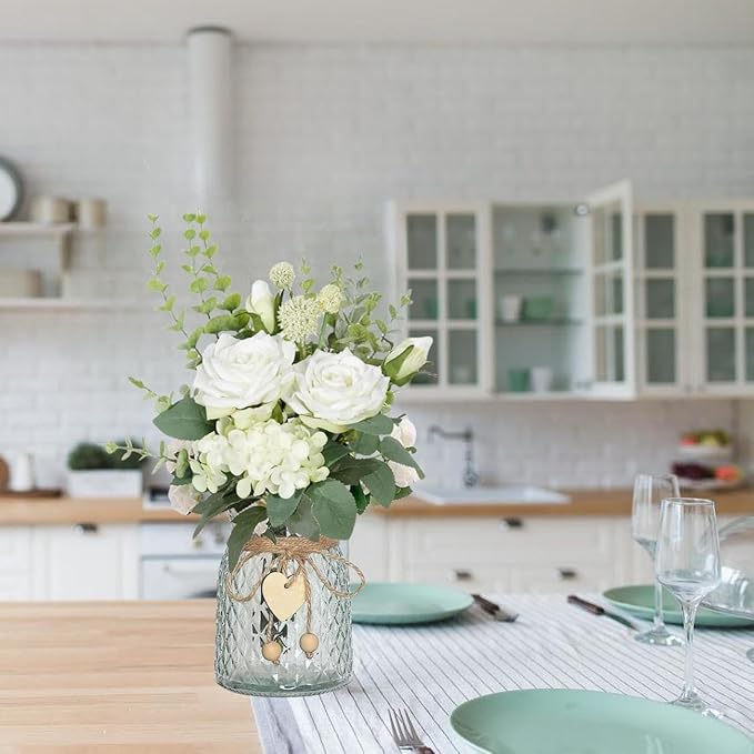 Artificial Fake Flowers in Vase, Faux Silk Roses Floral Hydrangea Bouquet with Vase, Table Centerpiece Decorations Wedding Bouquets for Party Office Farmhouse Kitchen Home Decor, White