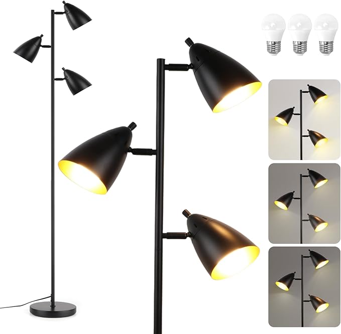 LALISU Tree Floor Lamp for Living Room, Industrial 3-Light Standing Lamp with 3 LED Bulbs, Adjustable Rotation Heads, Standing Tall Pole Lamp Farmhouse Rustic Reading Lamps for Bedroom Office (Black)