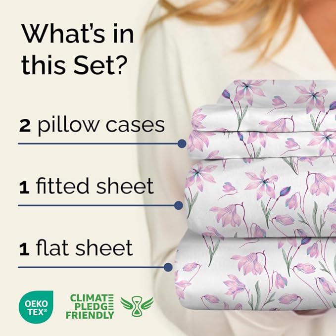 Floral Sheets - Pink Floral Bed Sheet Set - 1 Flat & 1 Fitted & 2 Pillowcases w/ Deep Pockets - Comfy, Wrinkle & Fade Free - Boho Botanical Bedding - Ultra-Soft, Breathable & Cooling - Queen Size Set