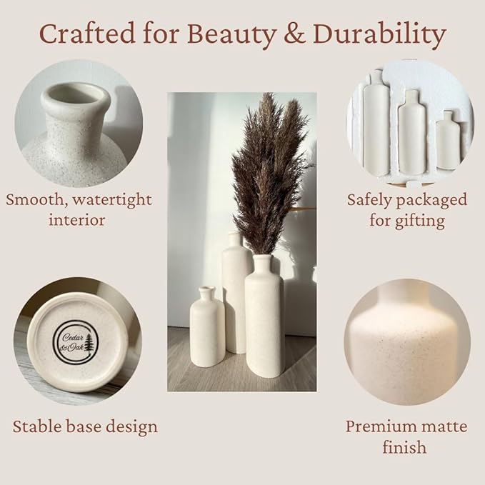 Tall Off-White Ceramic Vase Set of 3– Large Modern Farmhouse Decor Vases for Living Room, Coffee Table & Shelf Styling – Minimalist Neutral Decorative Flower Vases, Elegant Home Accent Gift