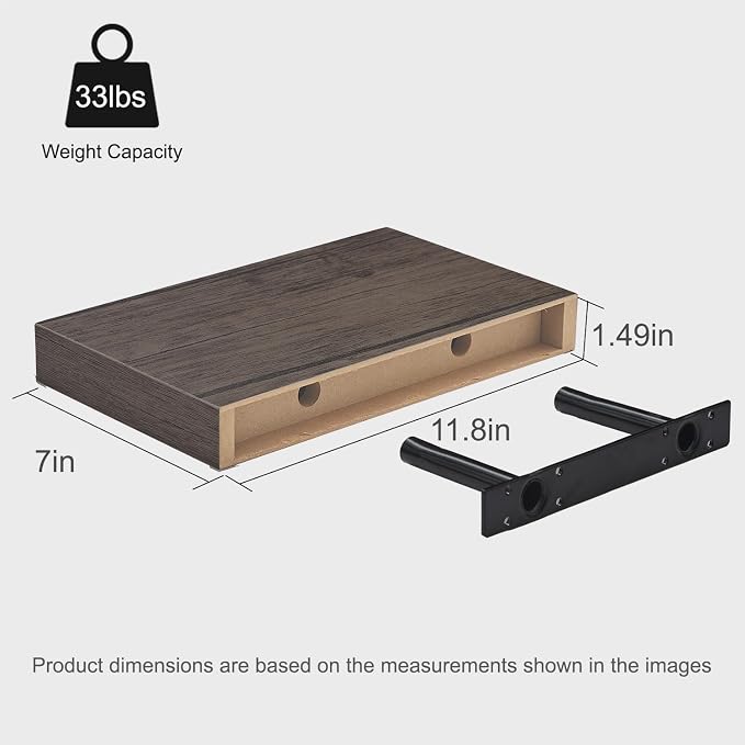 Smoke Gray Floating Shelves for Wall Set of 2, 11.8 Inch Small Wall Shelves for Bathroom Over Toilet, Hallway & Bedroom Storage, Wall Mounted Shelves for Decor, Candles & Small Plants