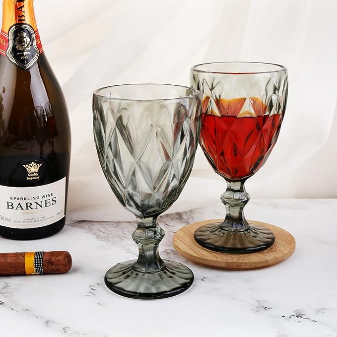 Pure Grey Wine Glasses 6Pcs a Set Solid Colors Glass Goblets Colorful Dishwasher Safe Colored Glassware With An Embossed Vintage Colored Goblets Pattern Like Crystal (Glass, Grey)