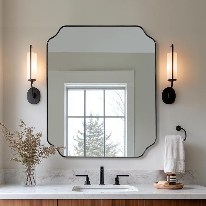 ANDY STAR 30x36 Inch Bathroom Mirror, Matte Black Vanity Mirror, Modern Scalloped Mirror in Premium Stainless Steel Metal Thin Frame, Unique Rounded Notched Corners, Hangs Vertically or Horizontally