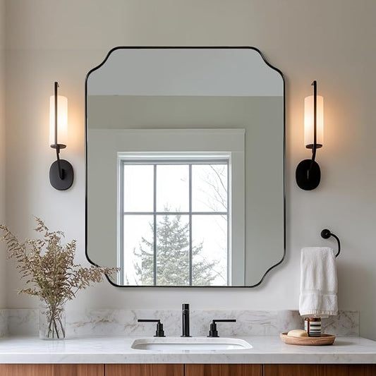 ANDY STAR 30x36 Inch Bathroom Mirror, Matte Black Vanity Mirror, Modern Scalloped Mirror in Premium Stainless Steel Metal Thin Frame, Unique Rounded Notched Corners, Hangs Vertically or Horizontally