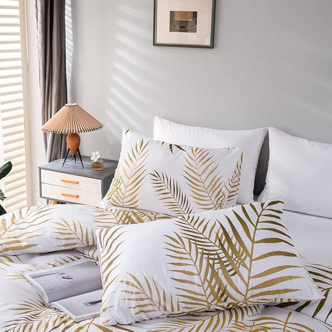 Nayoroom Gold Leaf Duvet Cover Queen Size Tropical Botanical Leaves Printed on White Bedding Set Soft Lightweight Microfiber Garden Farmhouse Comforter Covers with Zipper Closure Corner Ties