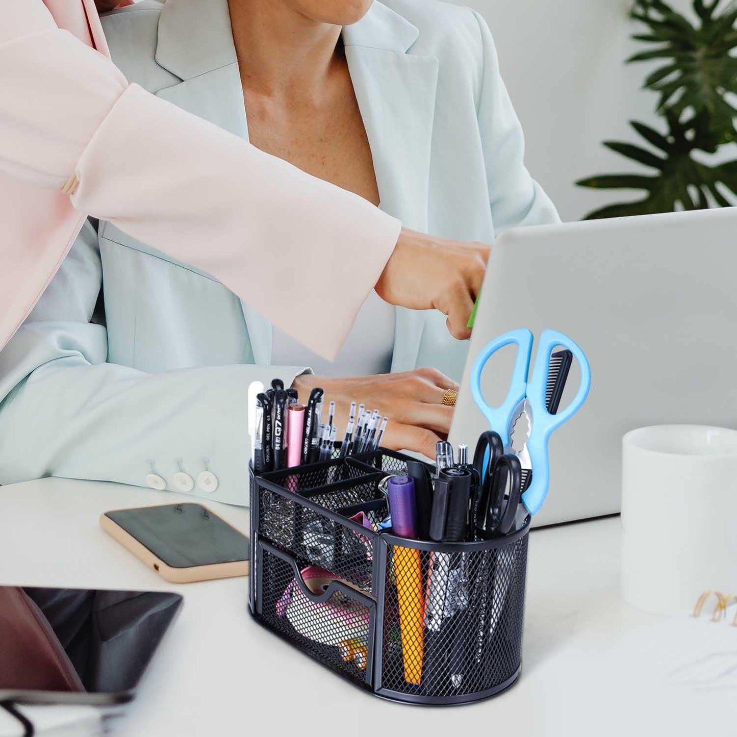 Skiennix Black Mesh Pen Holder - Cute Desk Organizer with 8 Compartments & Drawer for Office, School, Home