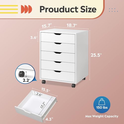 DEVAISE 5-Drawer Filing Cabinet - Under Desk Wood Storage with Wheels | Modern White Design