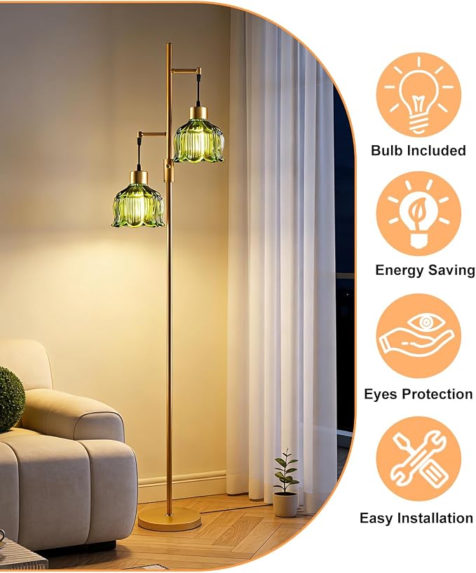 Lightdot 2- Light Gold Flower Floor Lamp, 65IN Green Glass Floor Lamps with 3000K Warm White Bulbs, Modern Standing Tall Lamp with 5Lbs Heavy Base for Living Room Bedroom Home Office Sofa Beside