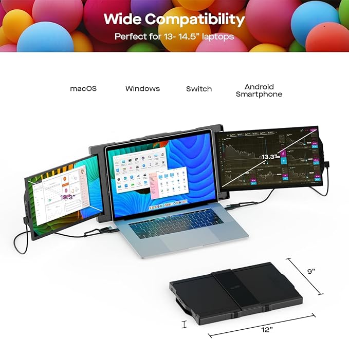 Portable Monitor - Mobile Pixels 13.3'' Trio Monitor for 13''-14'' Laptops with Built-in Kickstand, 1080P Full HD IPS Triple Screen, USB A/Type-C Plug and Play, Windows/Android/Mac (Optional Magnets)