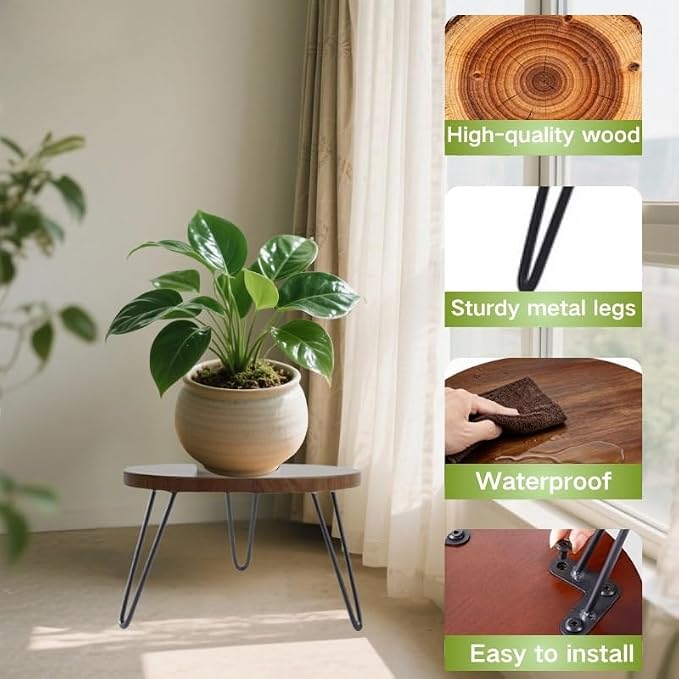 Plant Stands Indoor, Mid Century Wood Planter Stand with Metal Legs, Fits 5 to 13 Inches Pots, Stable Wood Single Small Plant Stool for Living Room, Balcony, Office