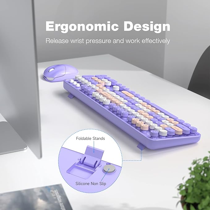 Wireless Keyboard and Mouse Combo, MOWUX Colorful Computer Full Size 2.4G Plug and Play Wireless Typewriter Keyboard and Mouse Set for Windows, Computer, Desktop, PC, Notebook (Purple Colorful)