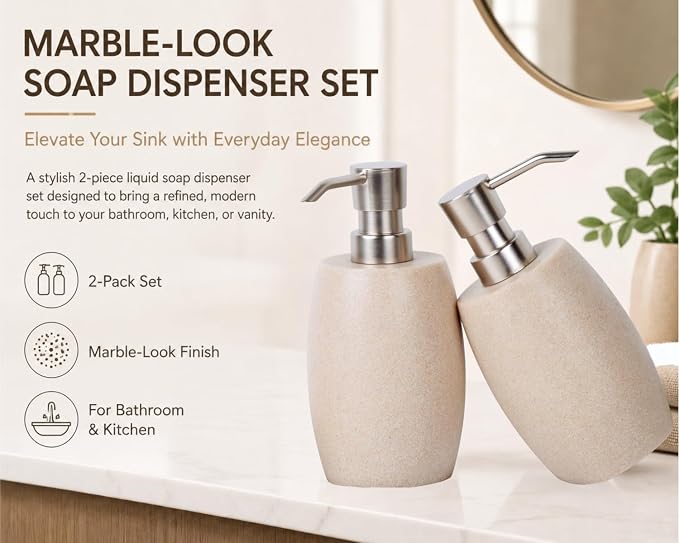 Clasin Home Sandstone Textured Resin Soap Dispenser with Metallic Pump and Waterproof Bottle Labels for Bathroom Kitchen Dish Hand Wash Shower Lotion Shampoo, 12 Oz, 2 Sets Beige
