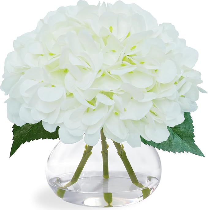 Big Petals Hydrangea Artificial Flowers in Vase, White Silk Fake Flowers Silk Centerpiece Table Decorations for Dining Room,Coffee Table Decor,Wedding, Home with Faux Water Decor (New White)