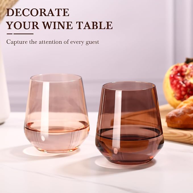 Venus Stemless Wine Glass Set of 6-17oz Wine Glasses, Stemless Drinking Glasses for Wine, Cocktails & Beverages - Elegant Glassware for Home, Bar & Holiday Use