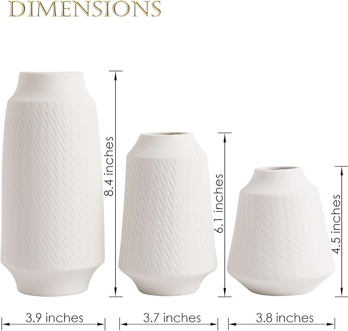 Ceramic Vase Set of 3 - Handcrafted Ceramic Vases for Home Decor & Shelf - Modern Farmhouse Decor for Kitchen, Office, Bedroom & Living Room Decorative Objects for Mantel, Table Centerpieces