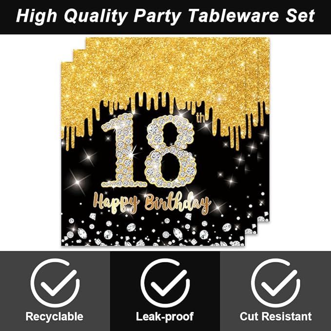 40Pcs 18th Birthday Decorations for Boys Girls Black and Gold Party Decorations for Birthdays Decor Happy Birthday Plates and Napkins Set Party Supplies for Men Women