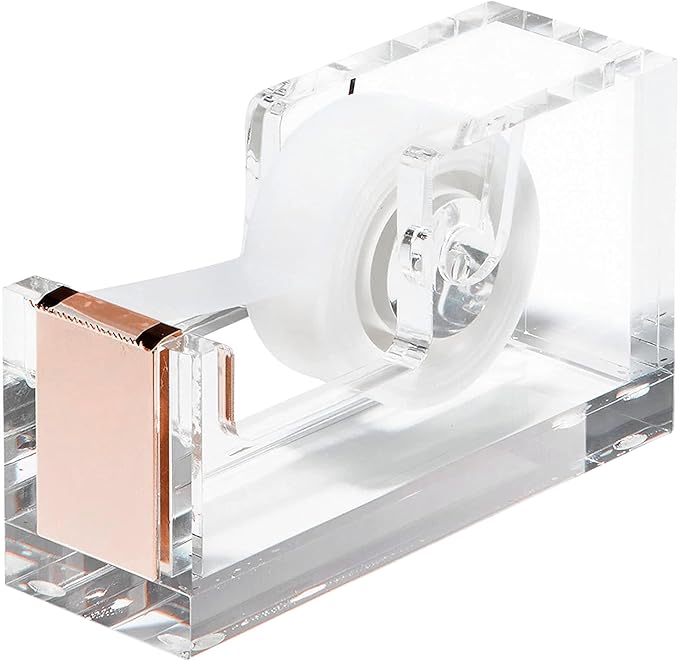 OfficeGoods Acrylic Tape Dispenser – Modern Desk Organizer for Office Supplies – Heavy Duty Refillable Tape Holder for Home and School Crafting – Stylish Desktop Accessory for Gift Wrapping, Rose Gold
