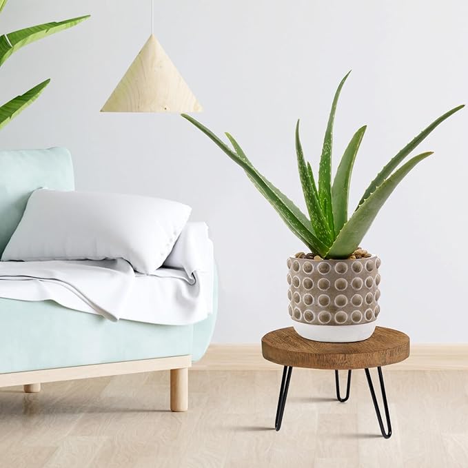 OBTAIN Plant Stand Indoor Outdoor, Wooden plant Stool, Mid Century Plant Stand for Indoor Plants, Wood Modern Plant Holder Rattan Flower, Low Short Boho Rustic Planter Stand Fit 5-15 Inch Pot(M, L)