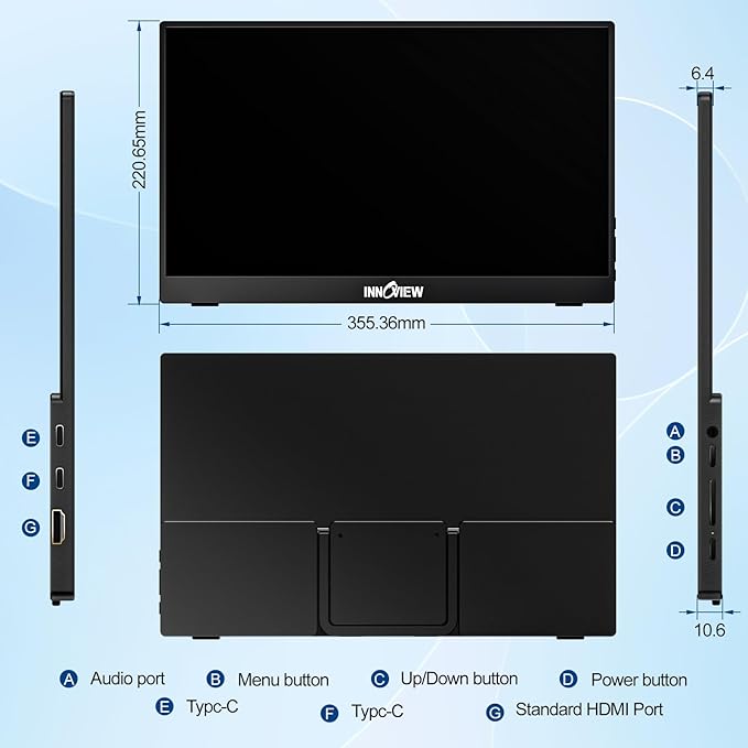 InnoView Portable Monitor 15.6" 1080P for Laptop with Protective Sleeve, Built-in 90° Adjustable Stand USB C HDMI Ultra-Slim Portable Laptop Monitor for MacBook Phone PS Xbox Switch