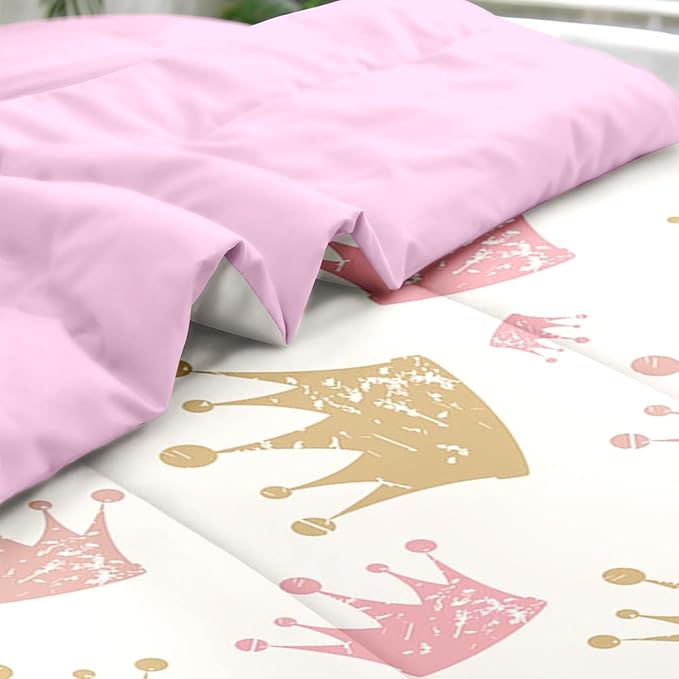 Comforter Set Queen Size, Cute Kids Crown 7 Pcs Bedding for Kids and Adults, Pink Princess Girls Bed Sheet Sets with Fitted Sheet 2 Pillowcase & 2 Sham for Bedroom Bed Decor