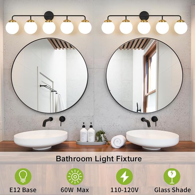 Black Gold Bathroom Light Fixtures Over Mirror, Modern Vanity Lighting with Milk White Glass Globe Shades 5-Light Farmhouse Wall Sconce