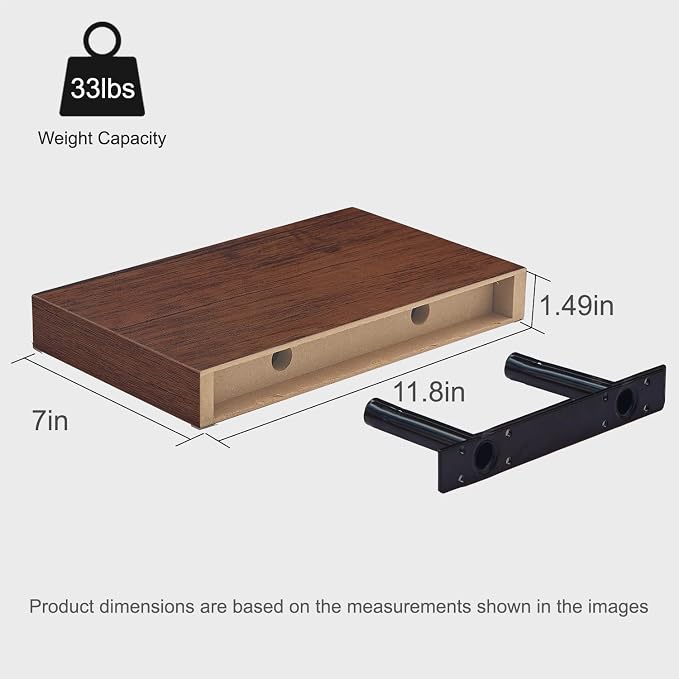 Walnut Floating Shelves for Wall Set of 2, 11.8 Inch Small Wood Wall Shelves for Bathroom Over Toilet, Bedroom & Home Office Storage, Wall Mounted Shelves for Books, Decor & Small Plants