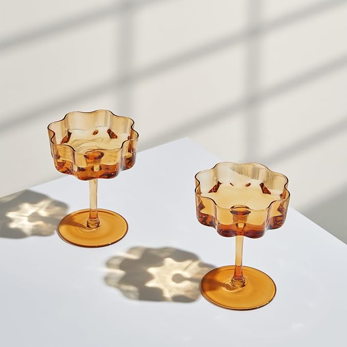 Flower Scalloped Vintage Wavy Petals Wave Glass Coupes 7oz Colorful Martini, Champagne & Cocktails, 2 Set Amber Rippled Champagne Glasses, Elegant Bar Glassware, Unique Aesthetic Coupe Glassware Gifts
