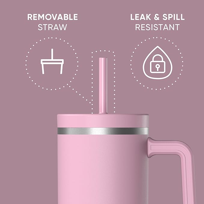 Hydrapeak Voyager 40 Oz Stainless Steel Tumbler with Handle, Insulated Water Bottle With Straw & Lid, Cupholder Friendly Reusable Travel Mug (Cotton Pink)
