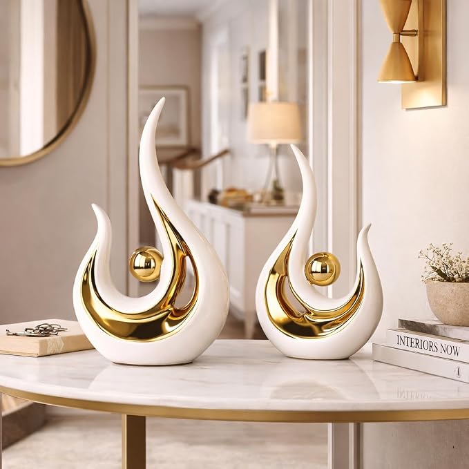 2Pcs Abstract Art Ceramic Statue, Modern White Gold Sculpture for Home Decor, Shelf Decorations Table Centerpiece for TV Stand, Console Table, Dining Room, Living Room, Office