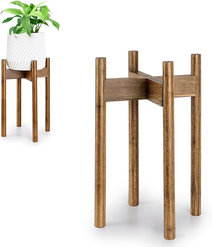 Fox & Fern Adjustable Tall Plant Stand Indoor — 8 to 12 Inch Mid Century Bamboo Plant Stand with Adjustable Width - Plug In Design - Easy to Assemble - Two Heights - For 8, 9, 10, 11 & 12 In Pots